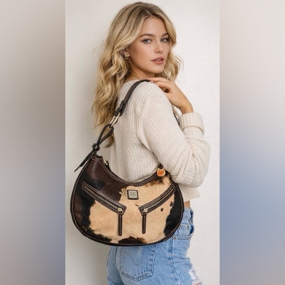 Dooney Bourke Hobo Brown Cognac Calf Hair Crescent Leather Satchel Bag - Picture 2 of 15